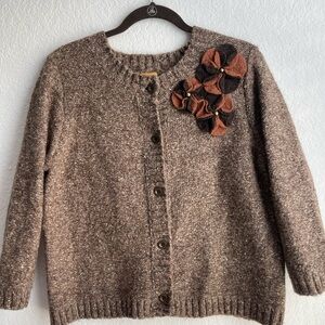 Ruby Rd. Brown Bouclé Cardigan w Floral Appliqué